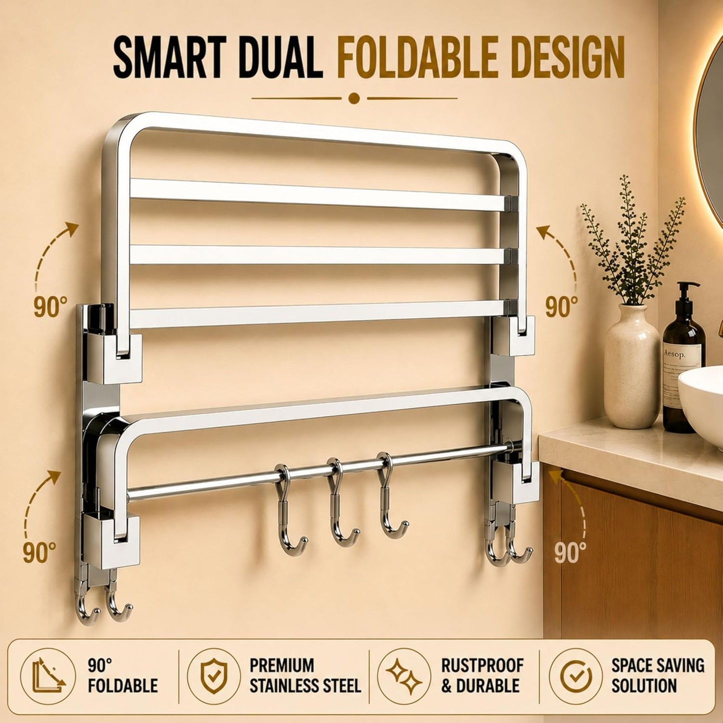 Heavy Stainless Steel Folding Towel Rack for Bathroom