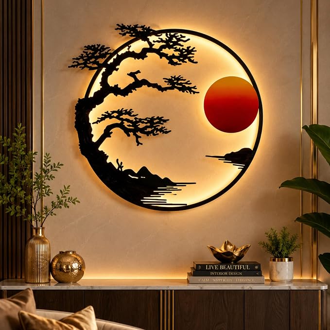 Nualish Sunset Serenity Metal LED Wall Art Abstract Sun Decor