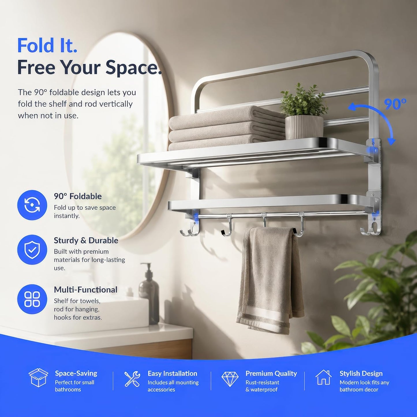 Heavy Stainless Steel Folding Towel Rack for Bathroom